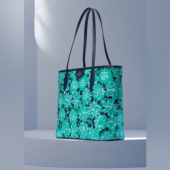 KATE SPADE NWT TRI COLOR FLORAL GREEN BLUE TOTE SHOULDER BAG - Picture 4 of 8